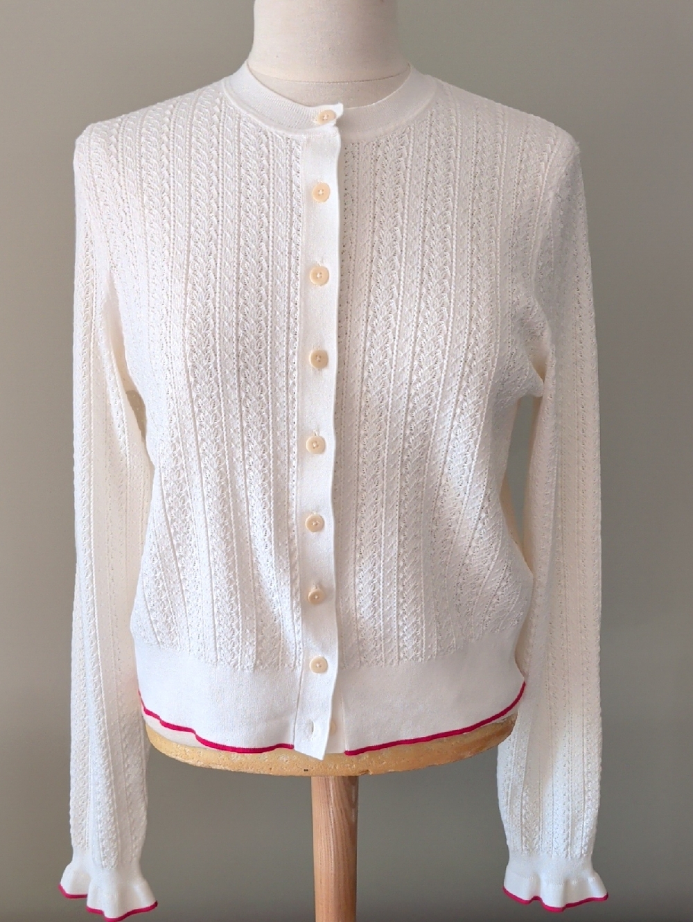 Madewell Ivory Pointelle Cardigan With Red Trim At The Sleeves And Bottom. XL